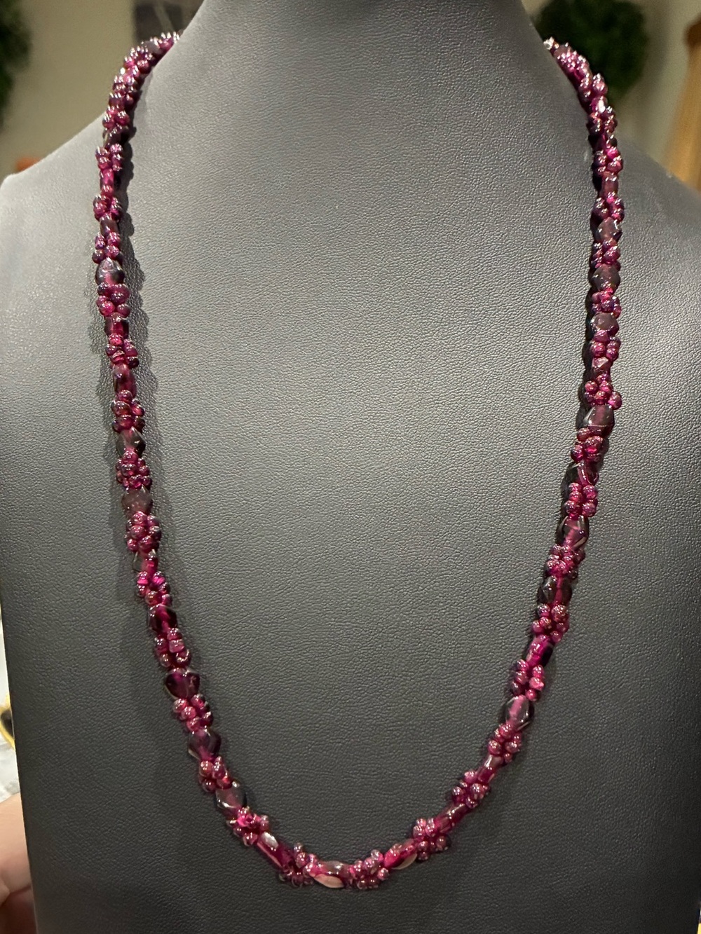 Vintage Bohemian Garnet Cluster Bead Rope Necklace